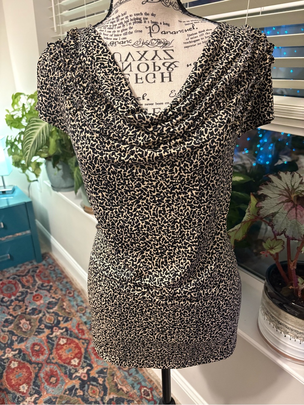 Anne Klein Black and Cream Cowl Neck Printed Blouse